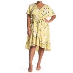 Rachel Roy Plus Size Midi Yellow Floral Dress Flutter Sleeve Faux Wrap Size 1X